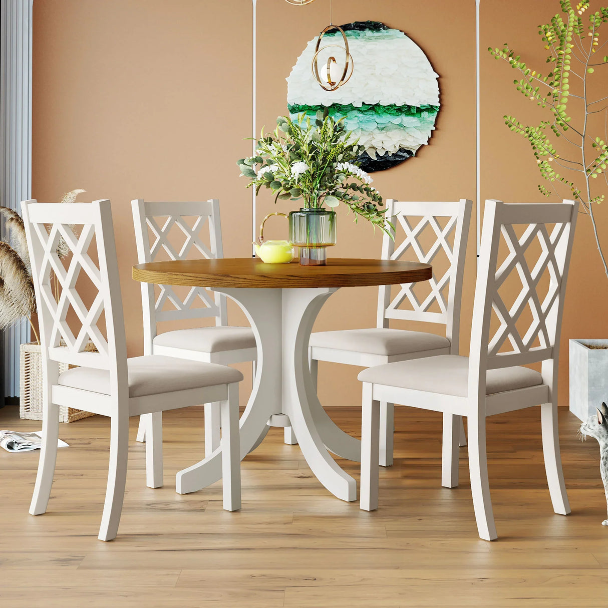 Dining Set Round Table With Upholstered Chairs Walnut Beige - Furniture Home Direct