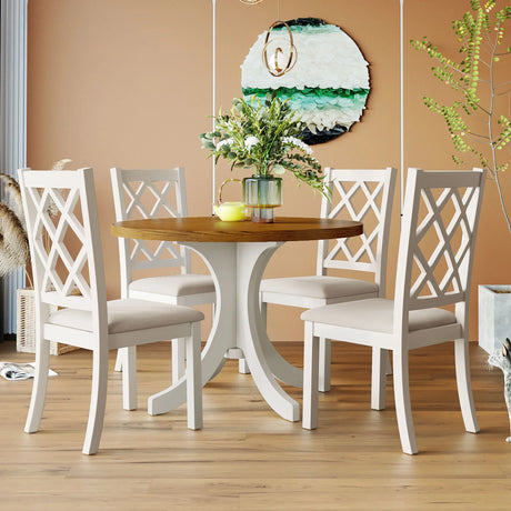 Dining Set Round Table With Upholstered Chairs Walnut Beige - Furniture Home Direct