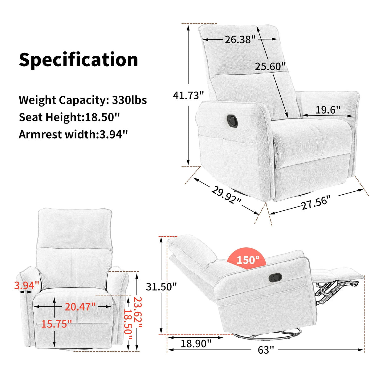 360° Modern Small Rocking Swivel Recliner Chair With Side Pocket - Furniture Home Direct