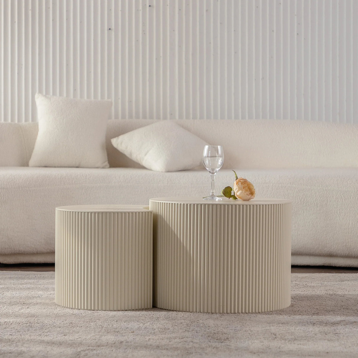 Round Accent Tables Set Modern Ribbed Pair Beige Cream - Furniture Home Direct