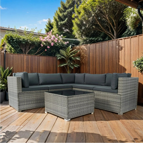 6 Pieces PE Rattan Sectional Outdoor Furniture Cushioned Sofa Set Wicker - Furniture Home Direct