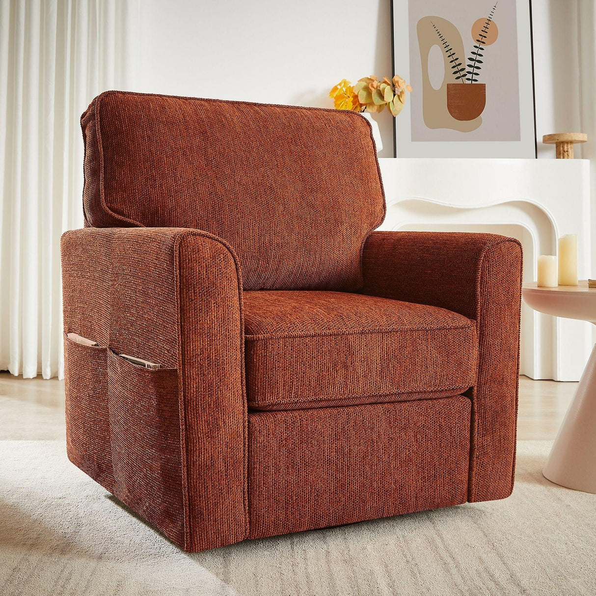 360° Swivel Accent Barrel Armchair With Side Pockets, Compact Design - Furniture Home Direct
