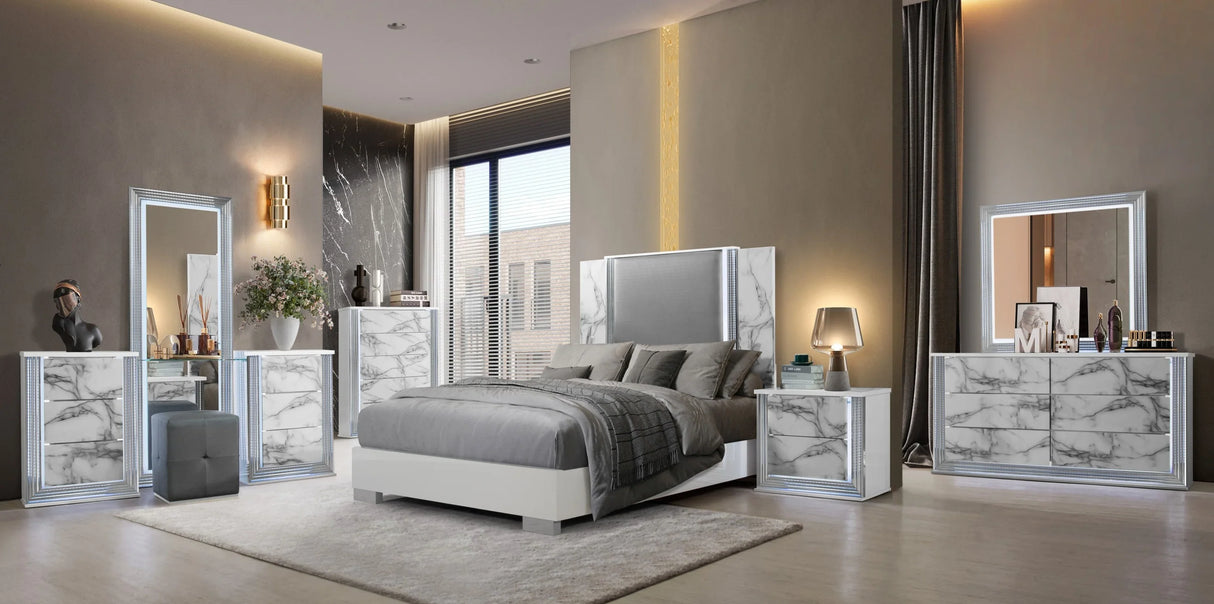 Moon 5 Piece White Marble King Bedroom Set(Inludes King Bed,Dresser,Mirror,Nightstand,Chest) - Furniture Home Direct
