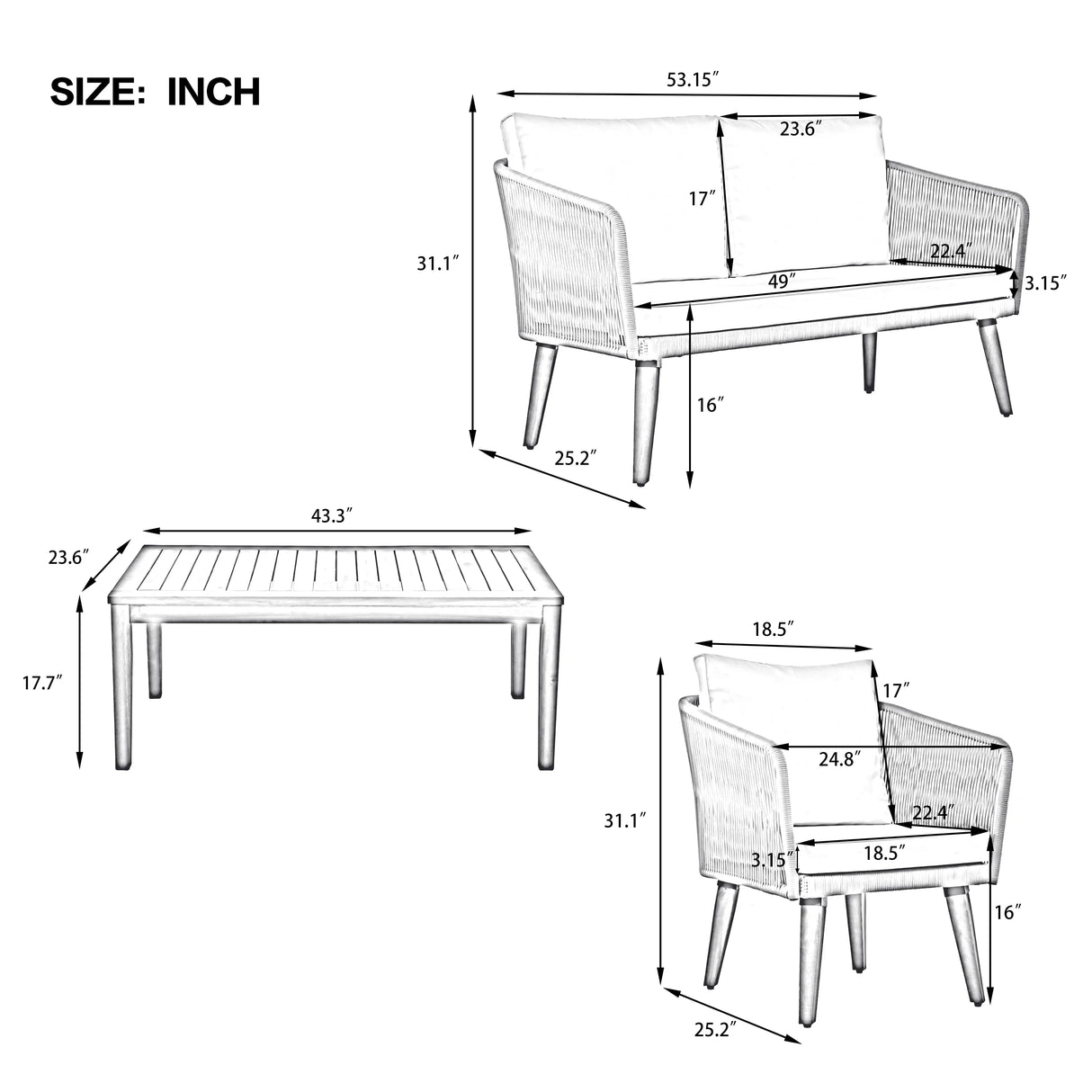 4-Piece Patio Conversation Set with Loveseat, 2 Chairs, Coffee Table + Cushions - Gray - Furniture Home Direct