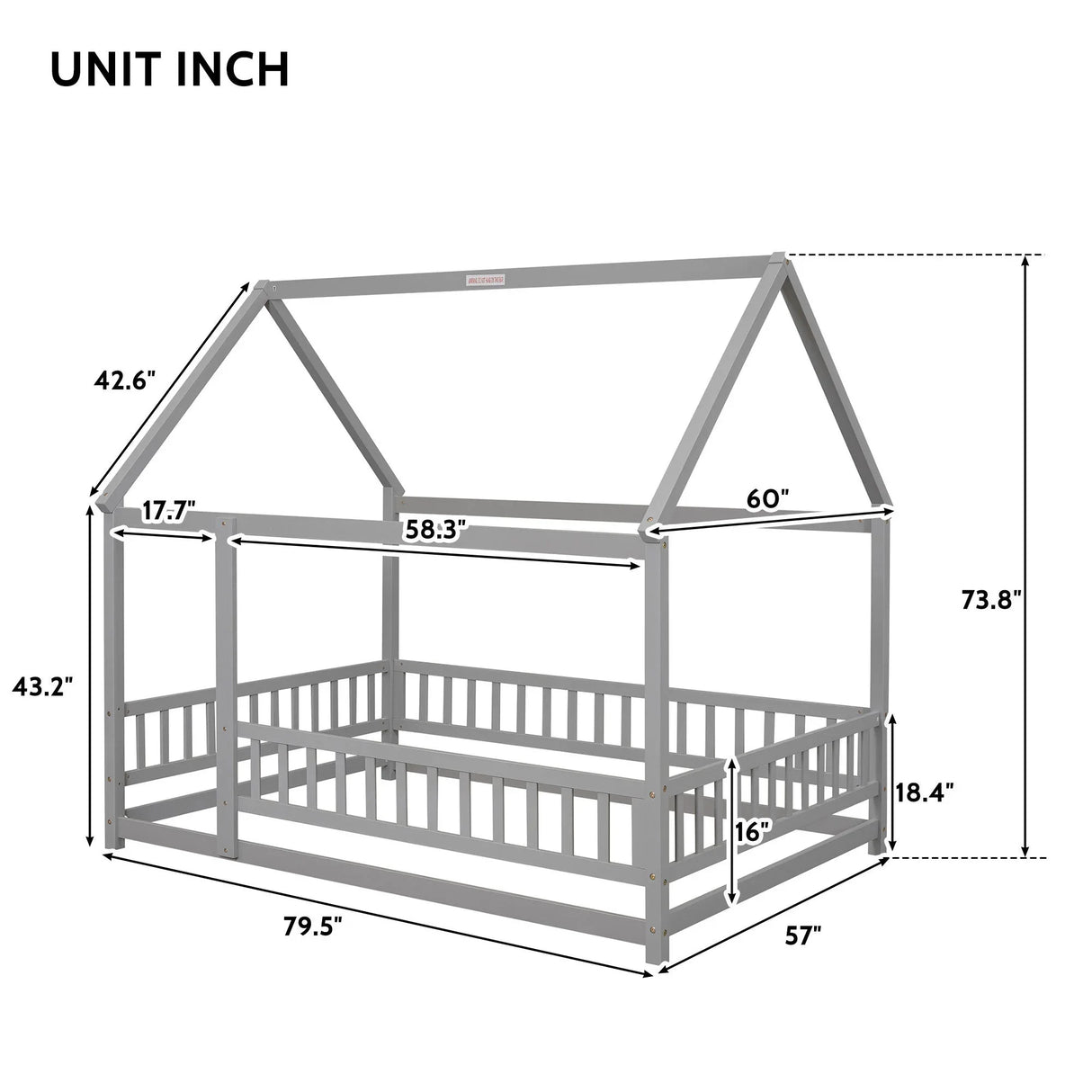 Floor Wooden Bed With House Roof Frame, Fence Guardrails - Furniture Home Direct