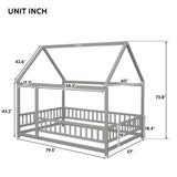 Floor Wooden Bed With House Roof Frame, Fence Guardrails - Furniture Home Direct