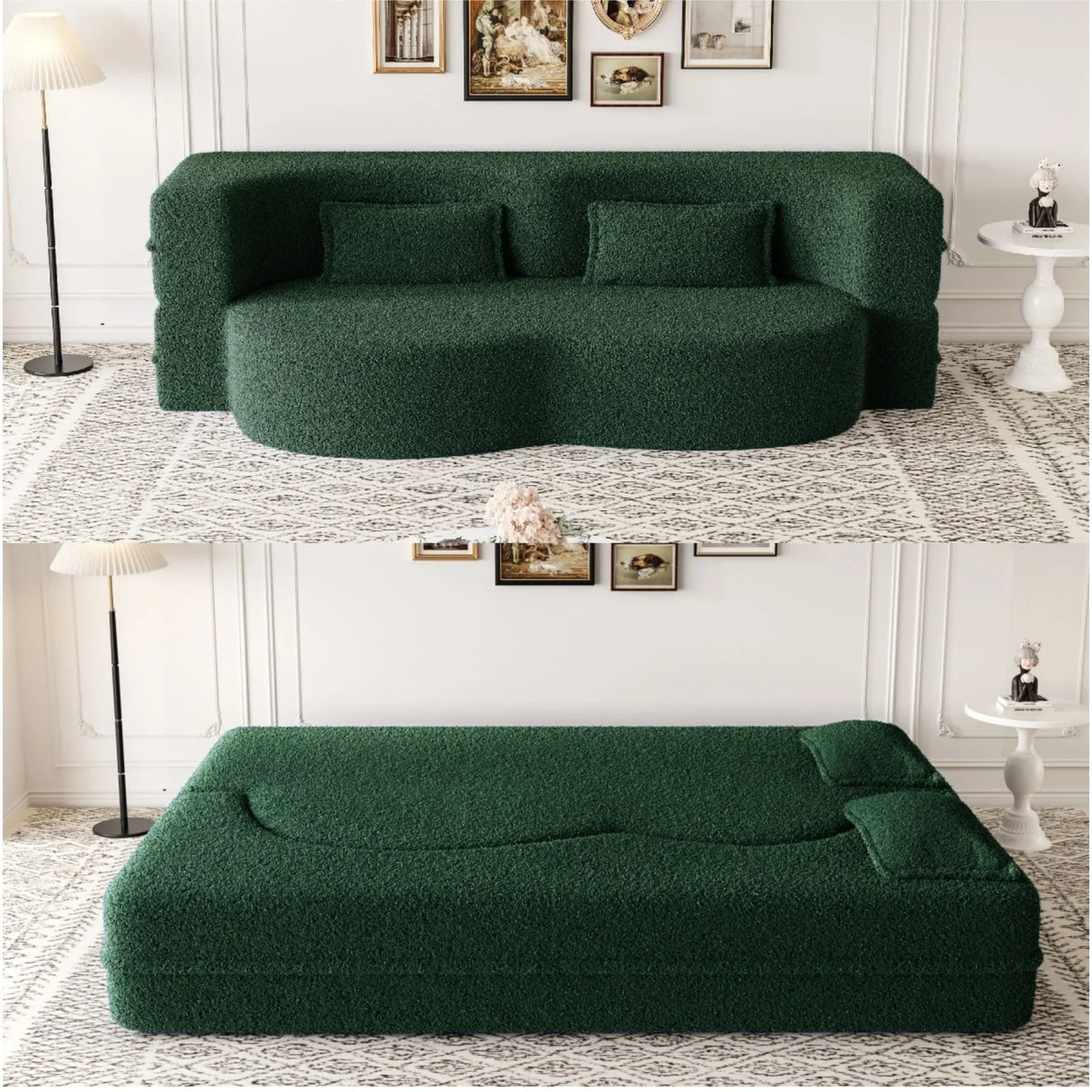 Modern Floor Sofa, With 2 Pillows, Convertible Teddy Fabric Foam Filled Bed - Furniture Home Direct