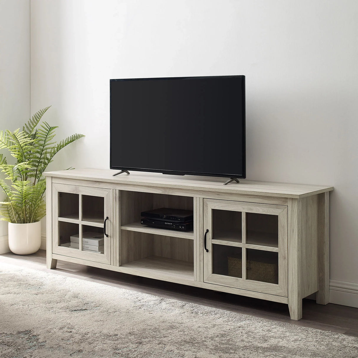 Modern Farmhouse 2 Door Glass Windowpane 70" TV Stand For 80" TVs - Furniture Home Direct