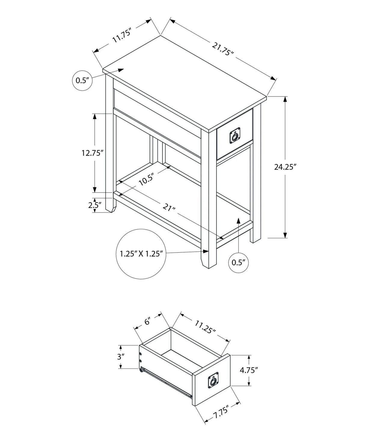 Accent End Table, 2 Tier, Narrow, Lamp, Storage Drawer, Charming Design - Furniture Home Direct