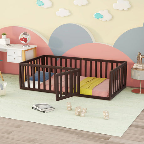 Twin Size Floor Bed Frame With Fence And Door - Walnut - Furniture Home Direct