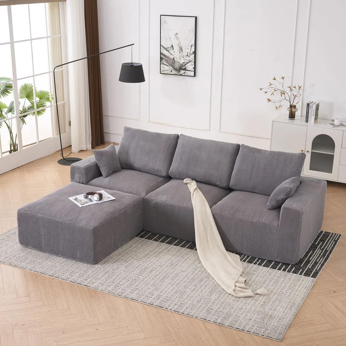 Modular Sectional Sofa With Ottoman, USB And Type C Charger, Petal Armrest Design - Furniture Home Direct