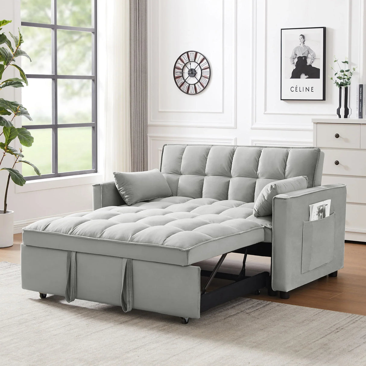 Modern Velvet Convertible Loveseat Futon Sofa With Pullout Bed, Reclining Backrest - Furniture Home Direct