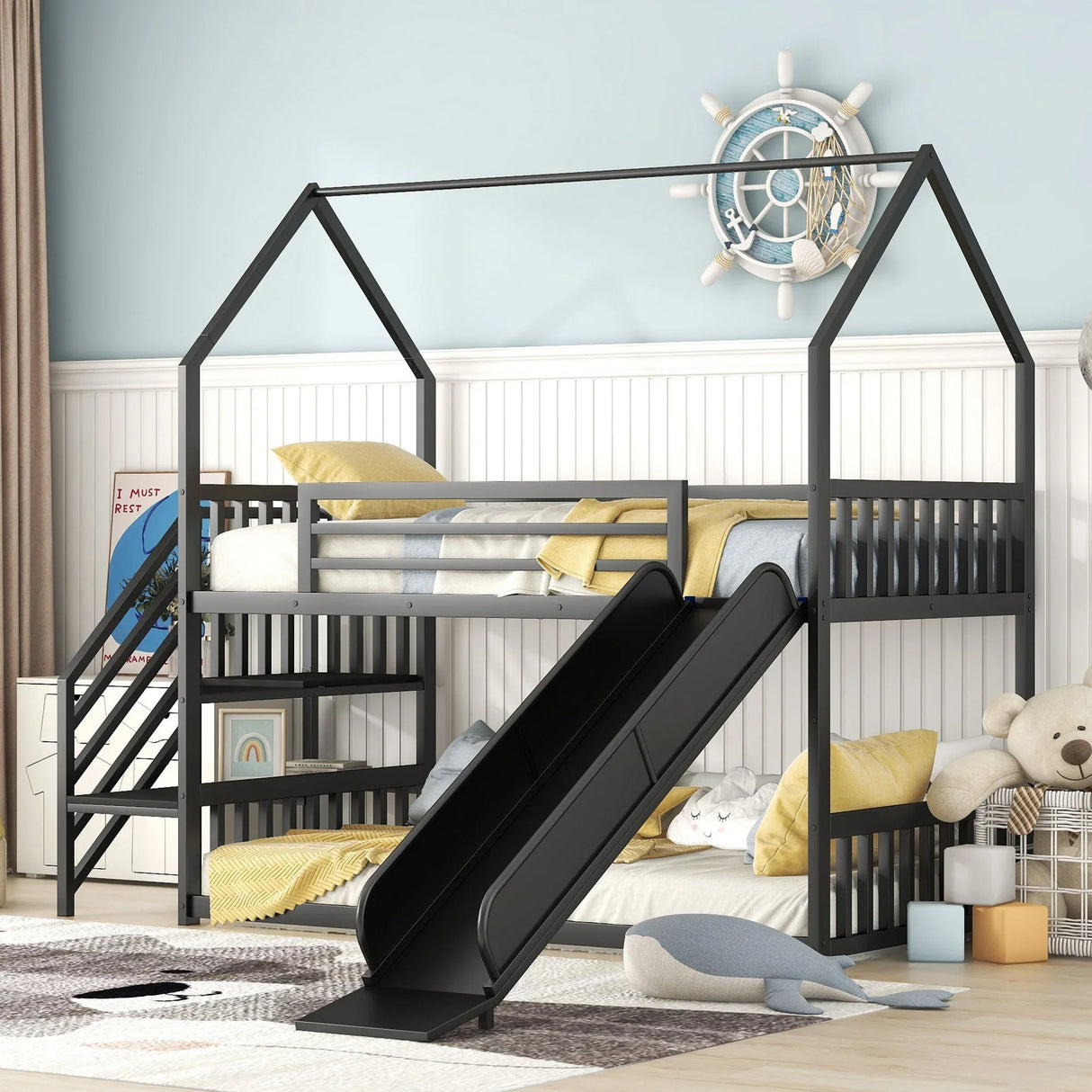 Twin Over Twin Metal Bunk Bed House Bed With Slide And Staircase - Furniture Home Direct