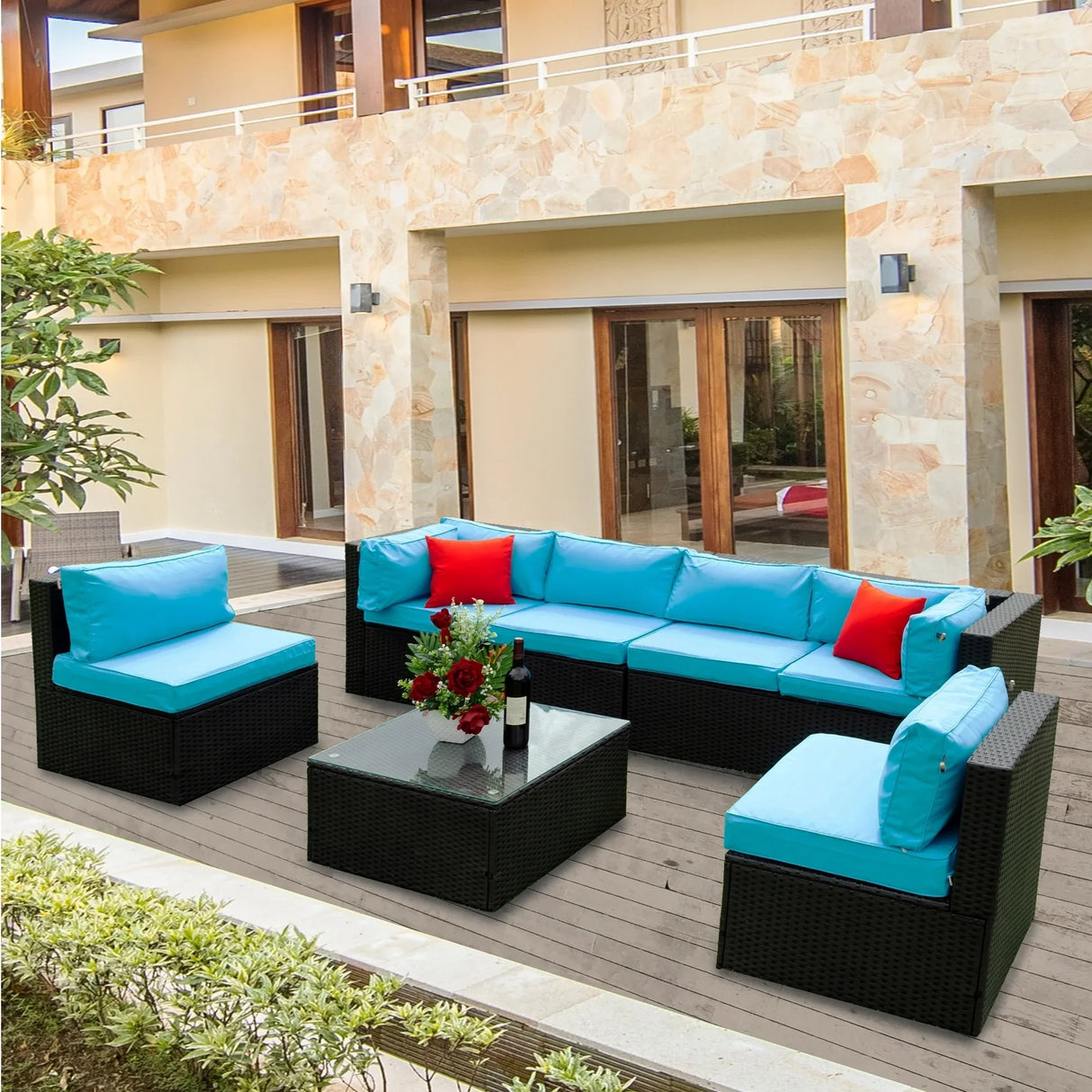 Outdoor Sectional Set With Blue Cushions - Furniture Home Direct