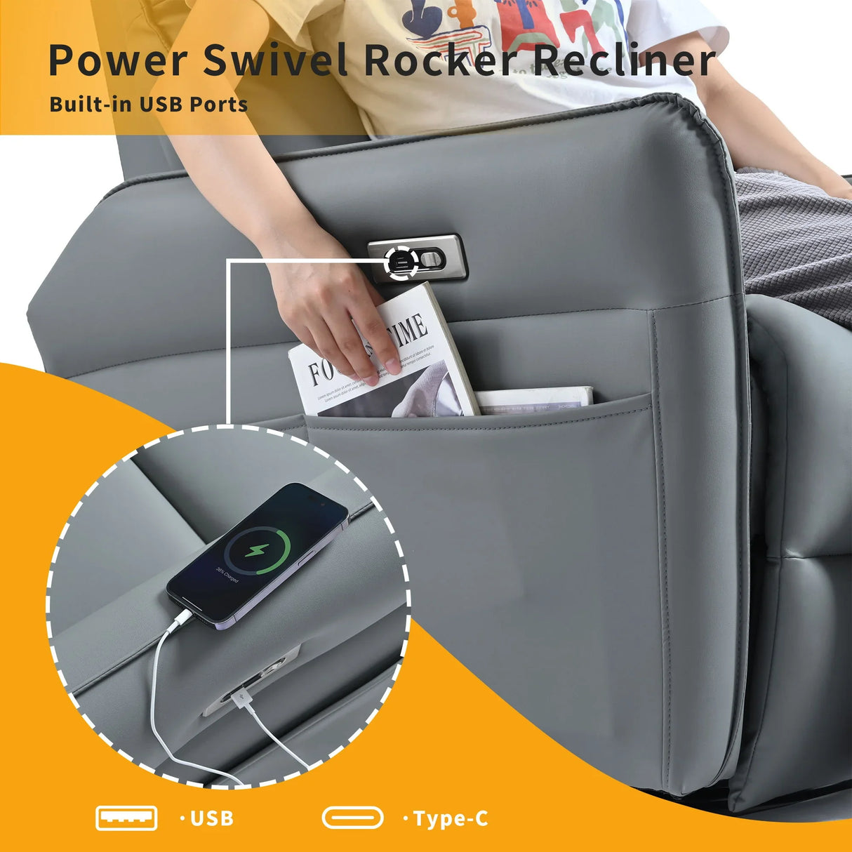 270° Power Swivel Rocker Glider Recliner Chair With USB Ports - Furniture Home Direct