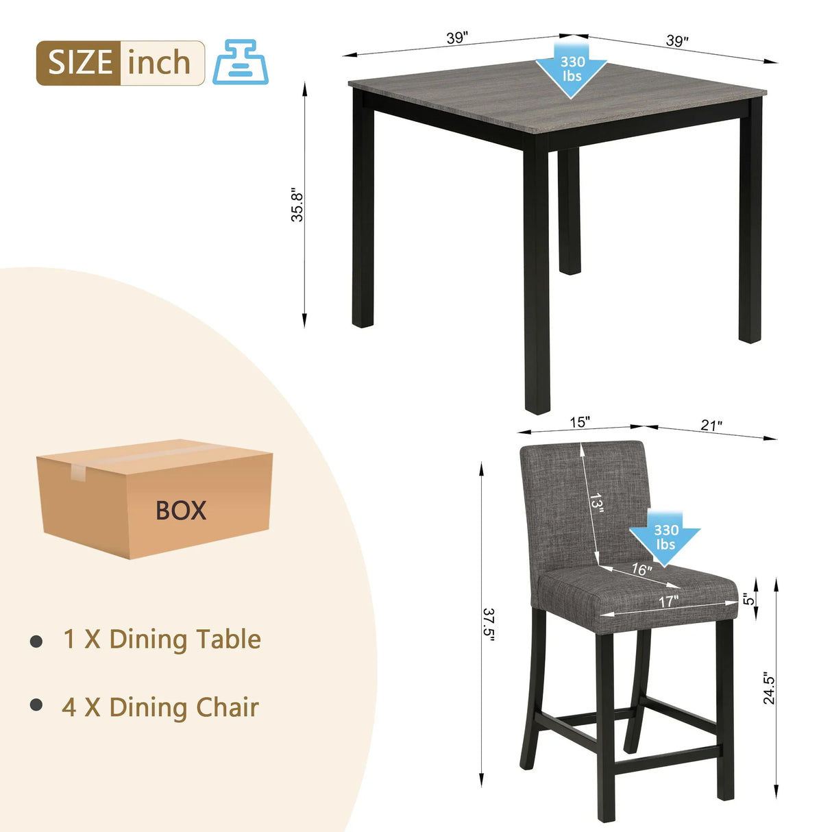 5 Piece Counter Height Table Set, Square Table And 4 Upholstered Chairs - Furniture Home Direct