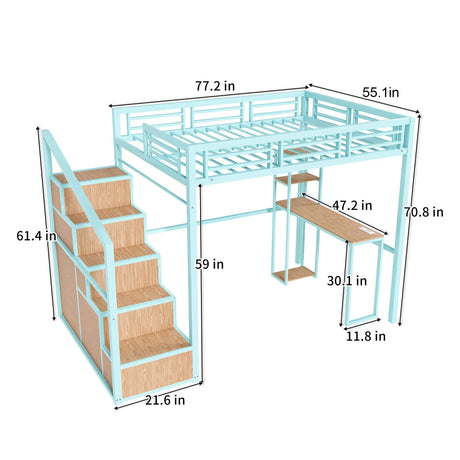 Heavy Metal Frame Full Loft Bed With Desk & Storage, 4 Cabinets, Staircase, Rack Space Saver - Green - Furniture Home Direct