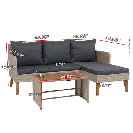 3 Piece Patio Sectional Wicker Rattan Outdoor Furniture Sofa Set Natural Wicker And Cushion - Yellow / Dark Gray - Furniture Home Direct
