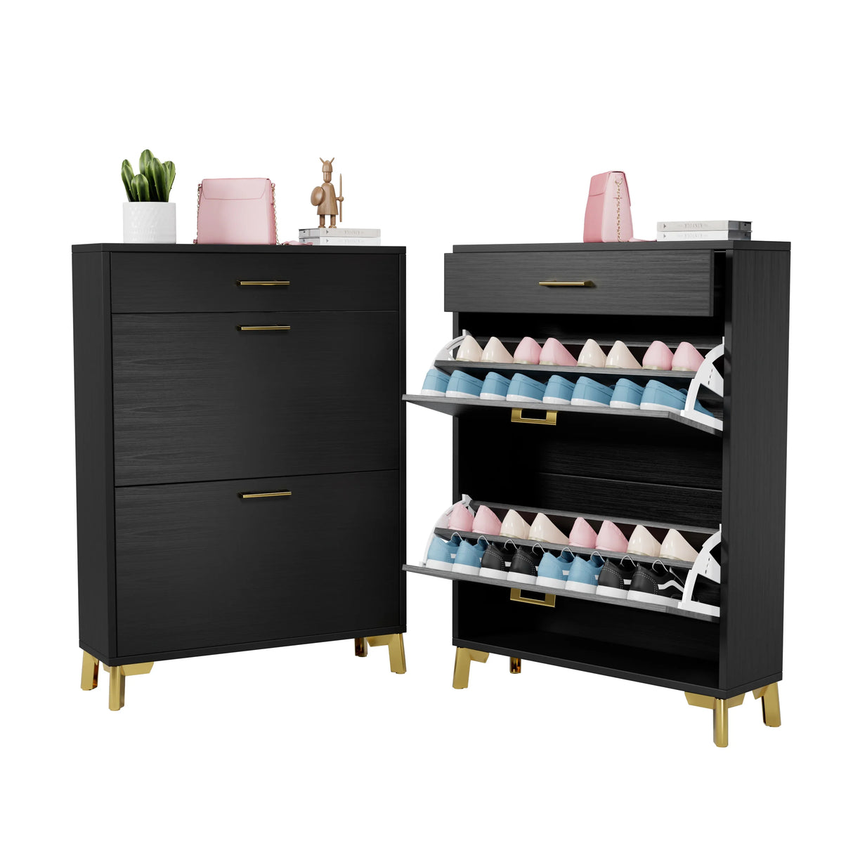 Shoe Storage Cabinet with 2 Flip Drawers - Black - Furniture Home Direct