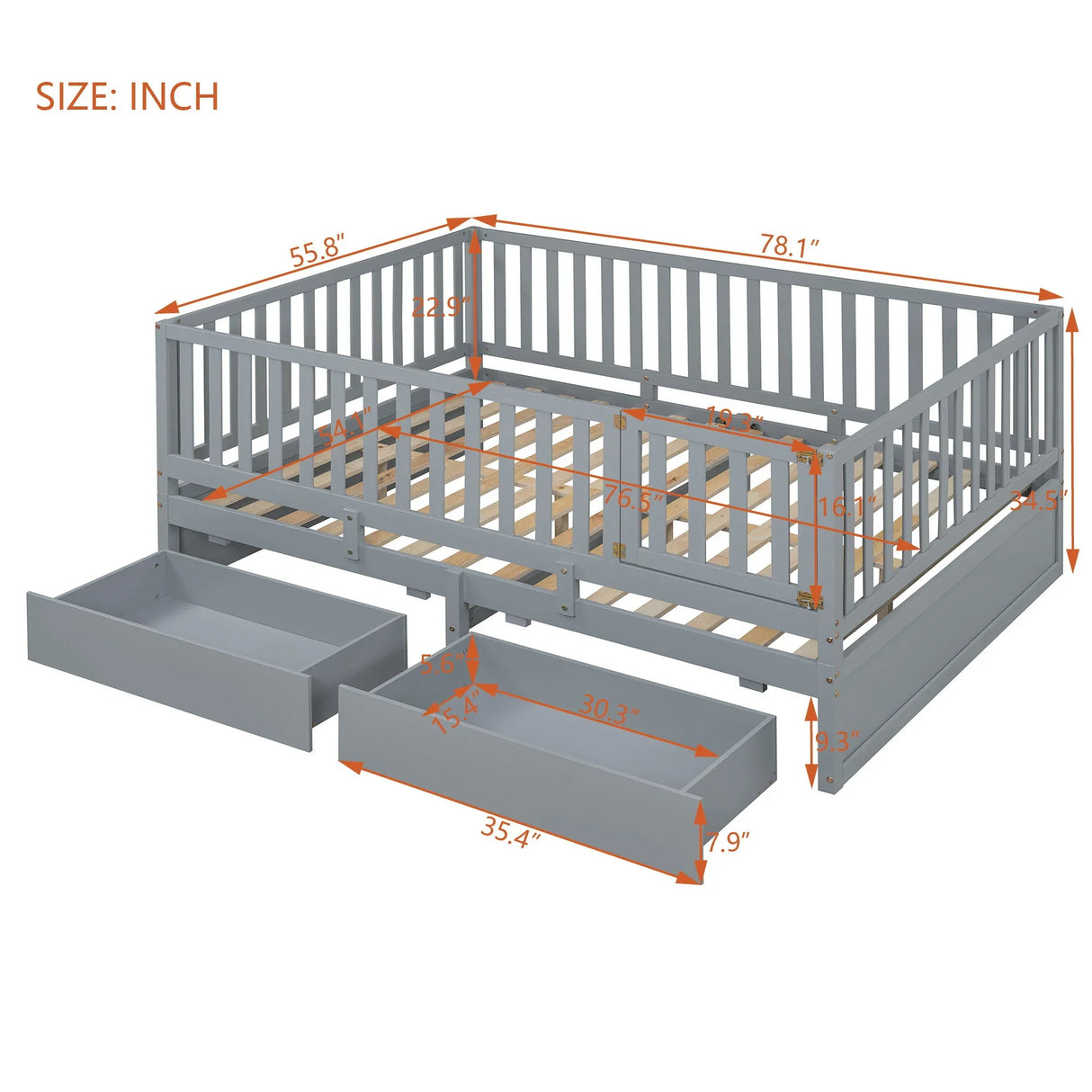 Daybed With Fence Guardrails And 2 Drawers, Split Into Independent Floor Bed & Daybed - Furniture Home Direct