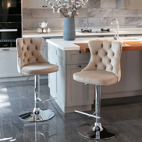 Bar Stool Set Swivel Tufted Velvet Chrome Base Khaki - Furniture Home Direct