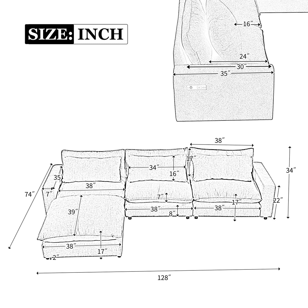 Cloud Sectional with Ottoman, Charging Ports and Three Back Pillows - Beige - Furniture Home Direct