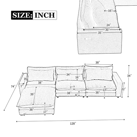 Chenille Cloud Sectional with Ottoman, Charging Ports and Three Back Pillows - Grey - Furniture Home Direct