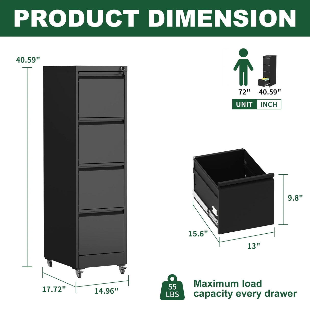 Drawer Metal Locking Vertical File Cabinet With Wheels Heavy Duty Lockable Storage - Furniture Home Direct