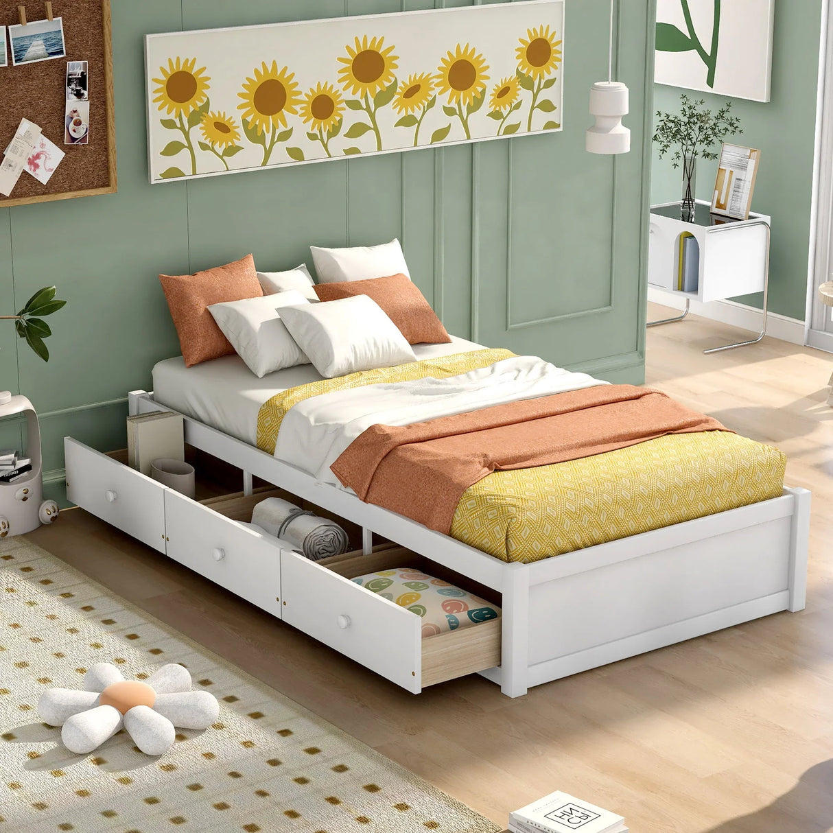 Twin Size Platform Storage Bed With 3 Drawers - White - Furniture Home Direct