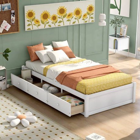 Twin Size Platform Storage Bed With 3 Drawers - White - Furniture Home Direct