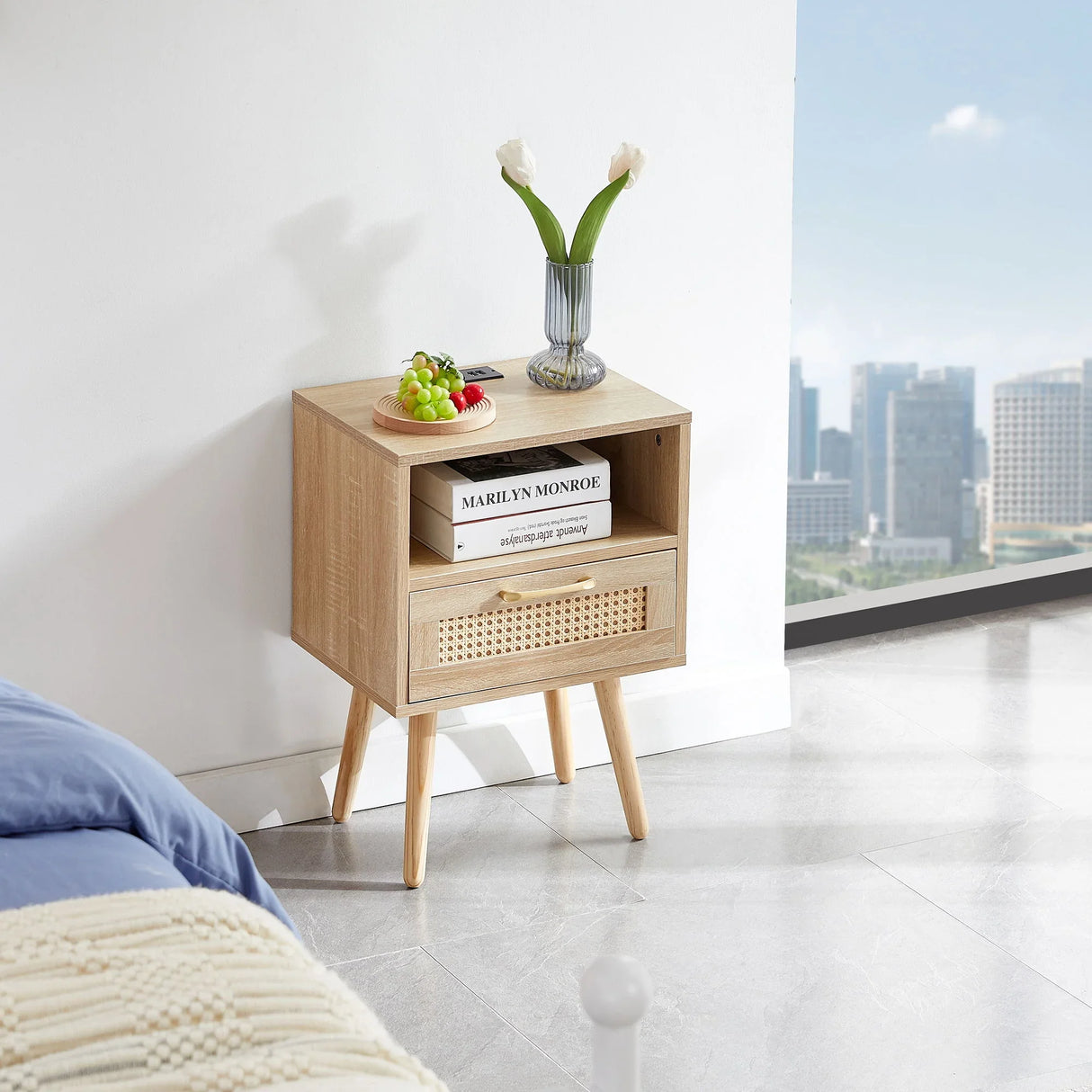 15.75" Rattan End Table With Power Outlet & USB Ports, Modern Nightstand With Drawer And Solid Wood Legs, Side Table For Living Room, Bedroom - Furniture Home Direct