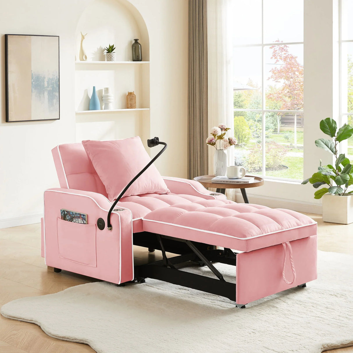 Convertible Velvet 3 In 1 Sofa Bed With Adjustable Sleeper Chair And Multi Pockets - Furniture Home Direct