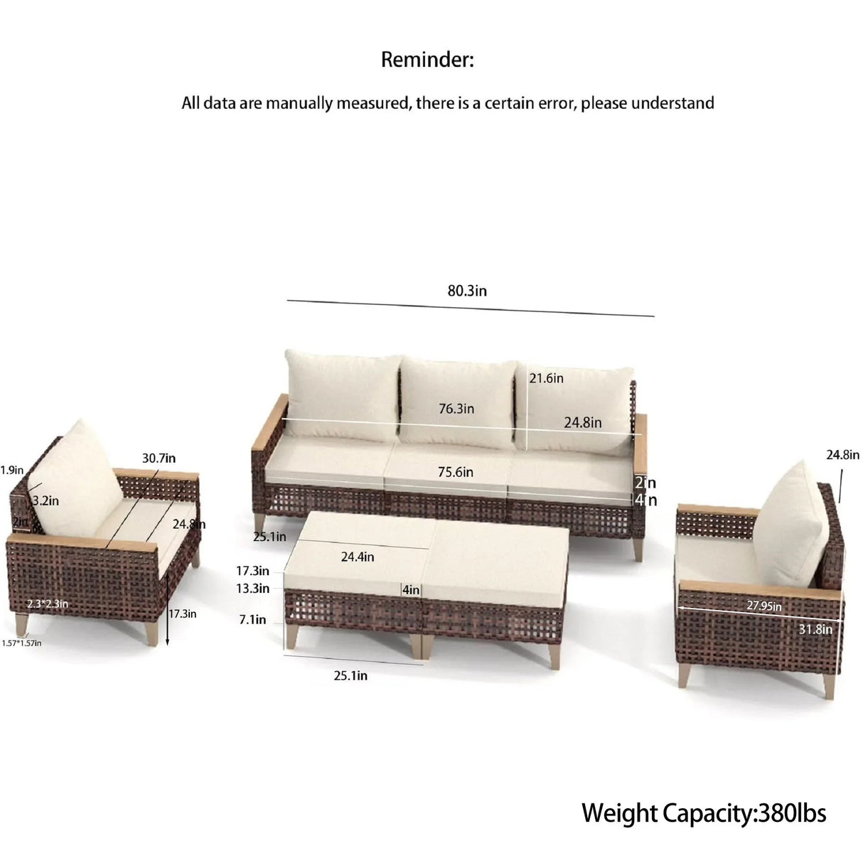5 Piece Rattan Terrace Furniture Set, 7 Seats Cushions, High Footed Design - Furniture Home Direct