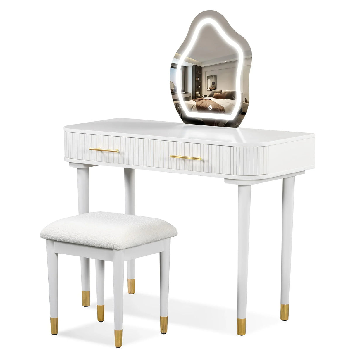 Modern Vanity Table Set With Mirror Touch Screen Lighted Mirror, Dressing Table And Cushioned Stool Set With 2 Large Drawers - White - Furniture Home Direct