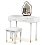 Modern Vanity Table Set With Mirror Touch Screen Lighted Mirror, Dressing Table And Cushioned Stool Set With 2 Large Drawers - White - Furniture Home Direct