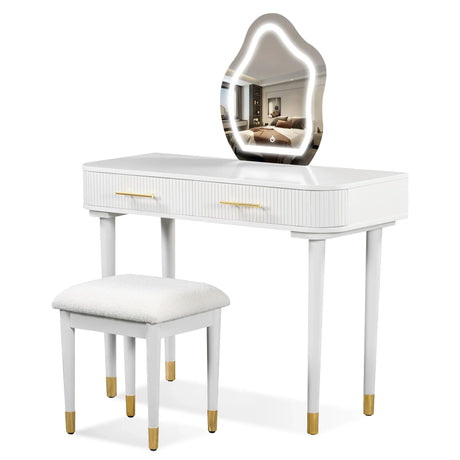 Modern Vanity Table Set With Mirror Touch Screen Lighted Mirror, Dressing Table And Cushioned Stool Set With 2 Large Drawers - White - Furniture Home Direct