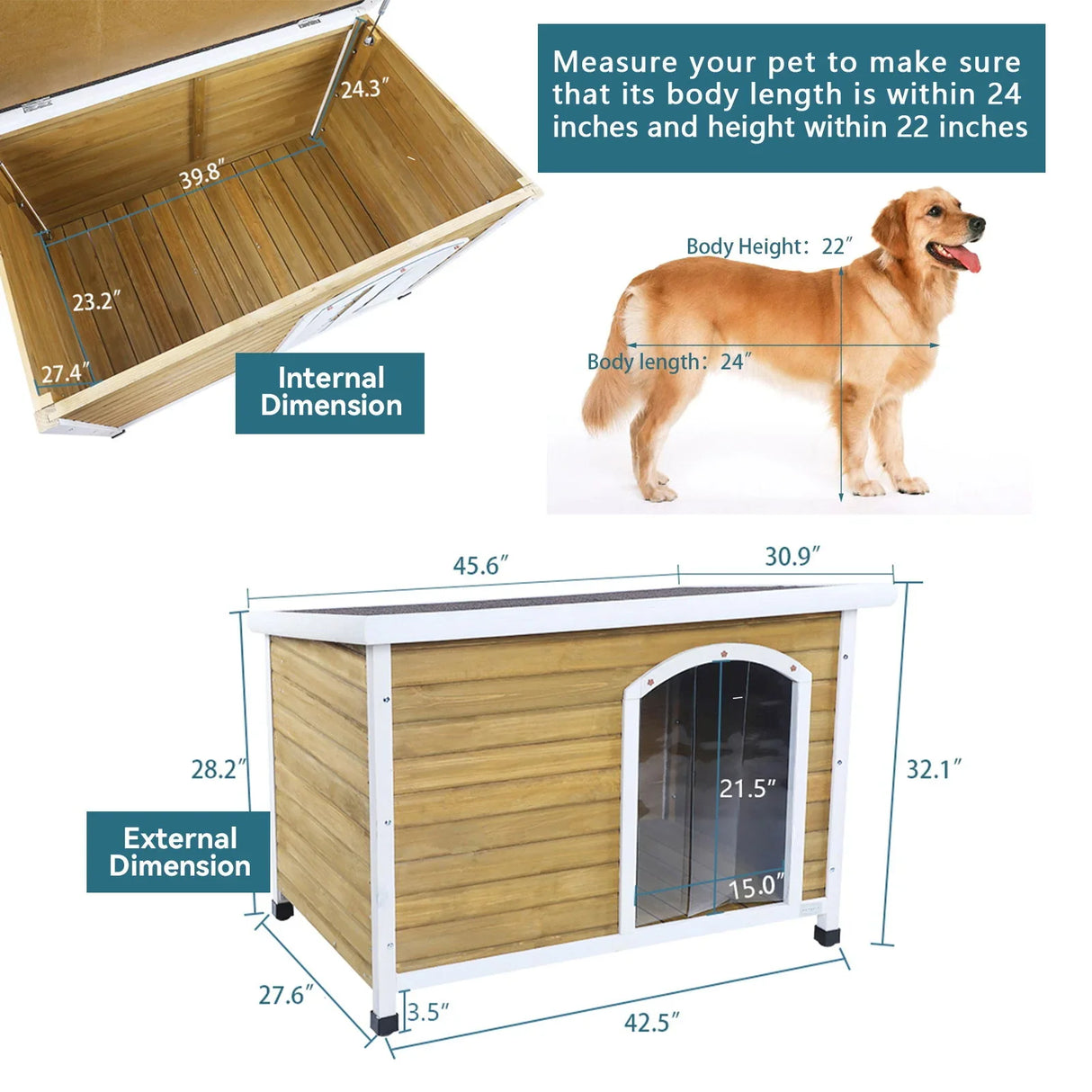 Large Wooden Outdoor Dog House, Waterproof Roof, Elevated Floor, Adjustable Plastic Feet - Yellow - Furniture Home Direct