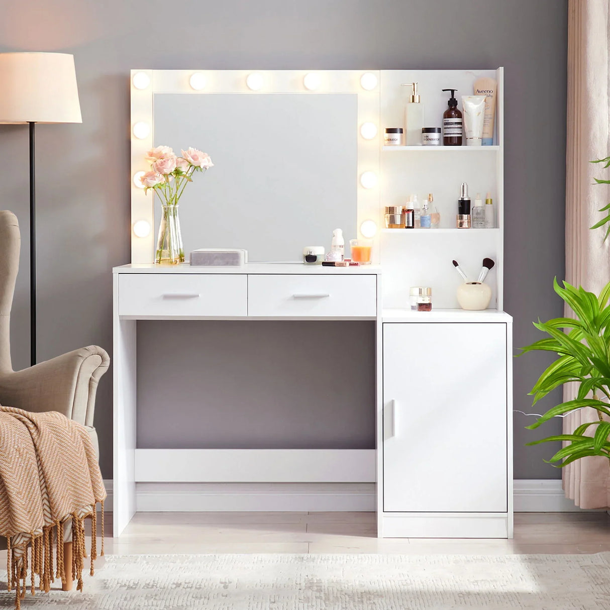 Vanity Desk With Mirror And Lights, 46.4In Dressing Table With 2 Large Drawer & Large Vertical Organizer, 3 Level Dresser & 3 Lighting Modes Adjustable Brightness, Suitable For Bedroom - Furniture Home Direct