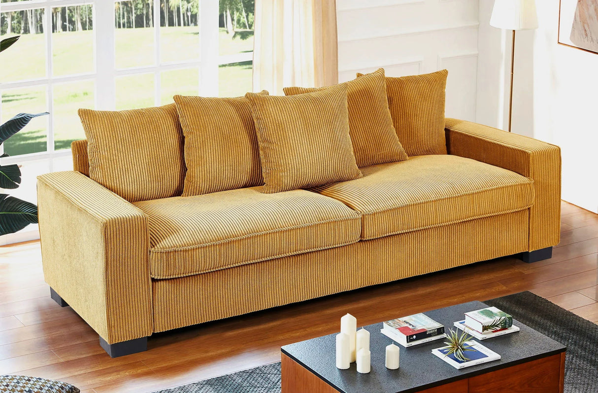 Luxe Corduroy Sofa With 5 Matching Toss Pillows, Sleek Design, Spacious And Comfortable 3 Seater Couch - Furniture Home Direct