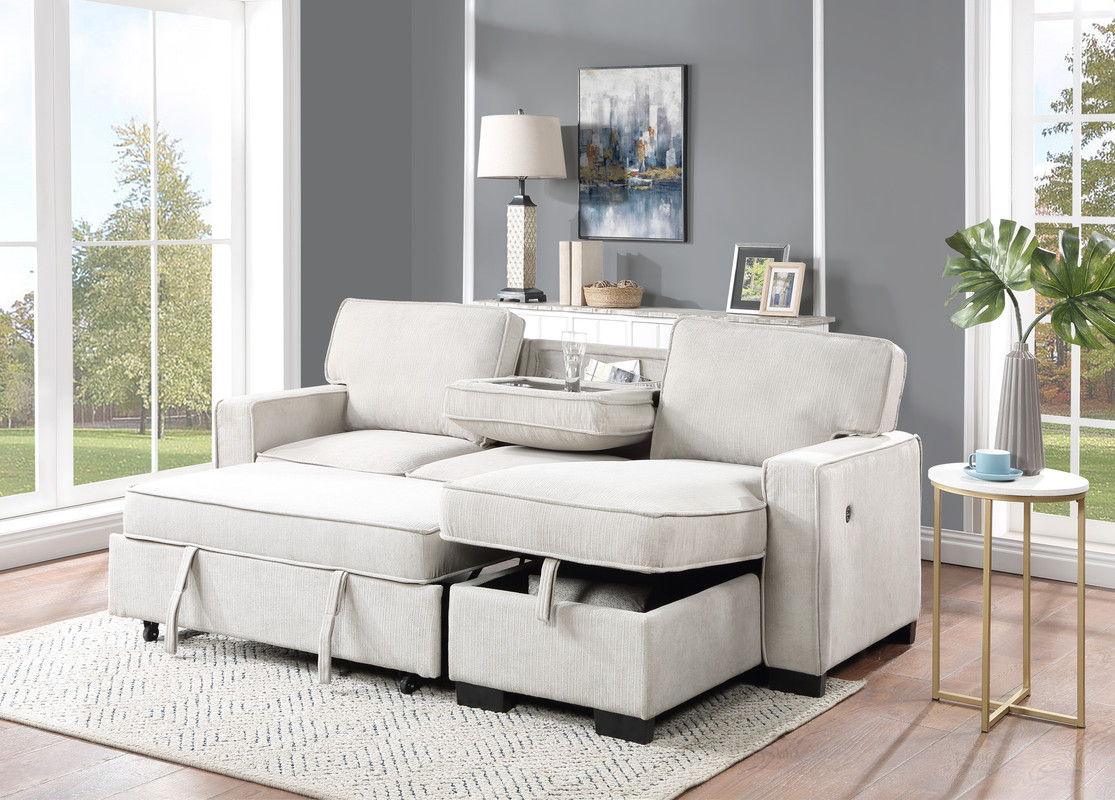 Estelle - Fabric Reversible Sleeper Sectional With Storage Chaise Drop-Down Table 2 Cup Holders And 2 USB Ports - Furniture Home Direct