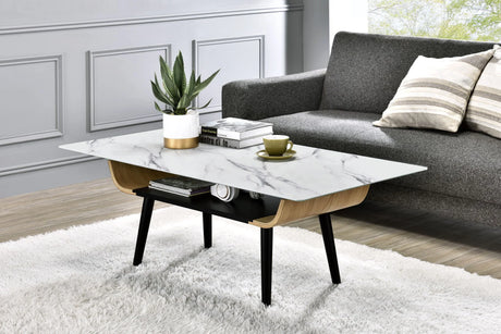 Landon - Coffee Table With Glass Marble Texture Top And Bent Wood Design - Furniture Home Direct