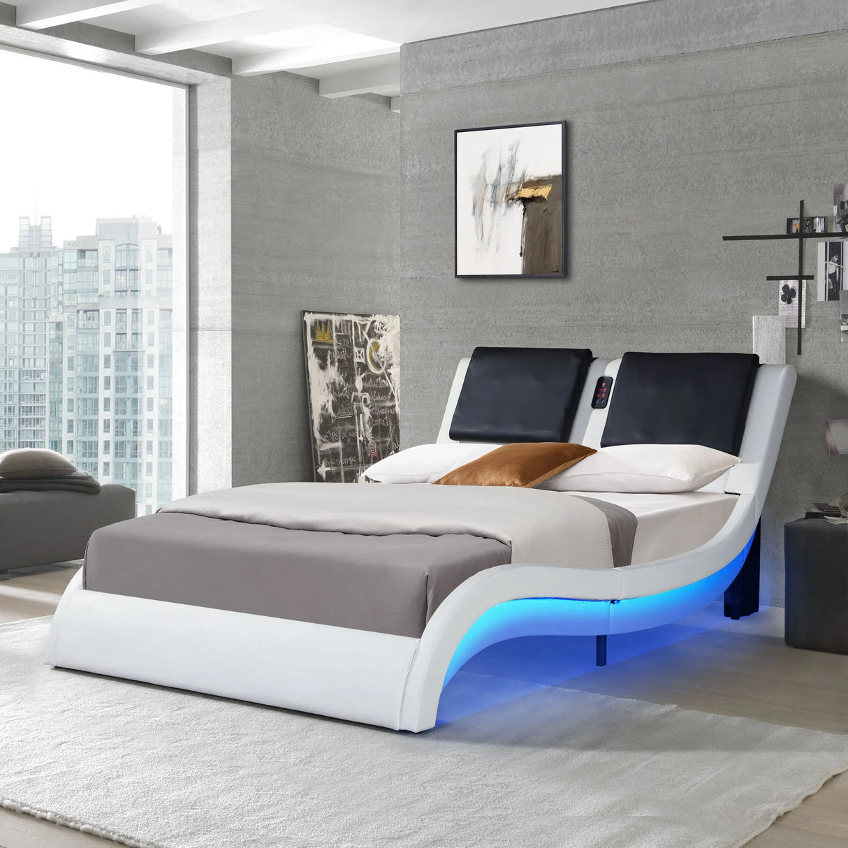 Upholstered Platform Bed Frame With LED Lighting, Bluetooth Connection To Play Music Control, Backrest Vibration Massage, Curve Design, Wood Slat Support, Exhibited Speakers - Furniture Home Direct