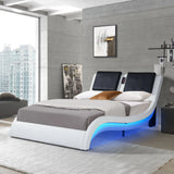 Upholstered Platform Bed Frame With LED Lighting, Bluetooth Connection To Play Music Control, Backrest Vibration Massage, Curve Design, Wood Slat Support, Exhibited Speakers - Furniture Home Direct
