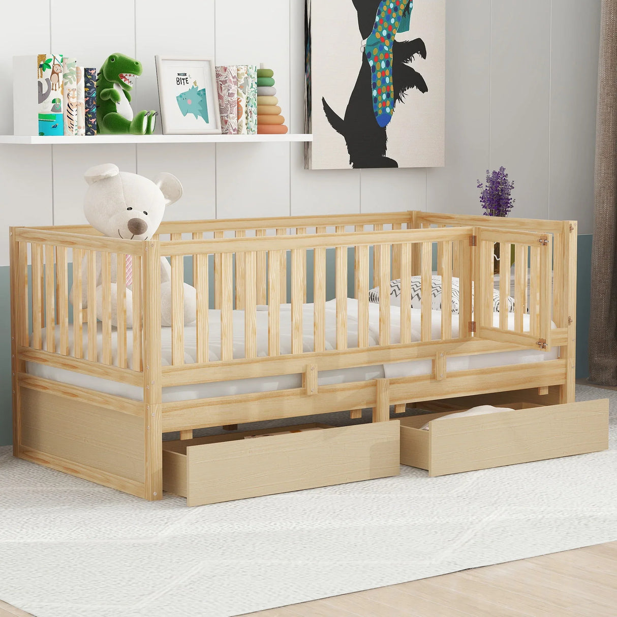 Daybed With Fence Guardrails And 2 Drawers, Split Into Independent Floor Bed & Daybed - Furniture Home Direct
