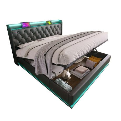 Upholstered Bed, 360 Surround LED Function, Remote Control, Hydraulic Storage Bed With USB, Type-C Charging (Without Mattress) - Furniture Home Direct