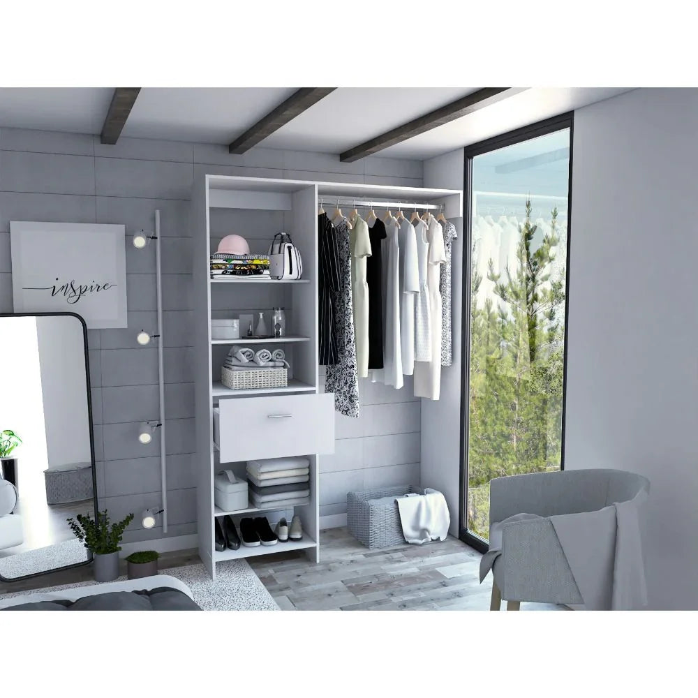Closet System Open Shelves and Drawer With Rod White - Furniture Home Direct