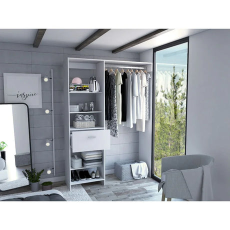 Closet System Open Shelves and Drawer With Rod White - Furniture Home Direct