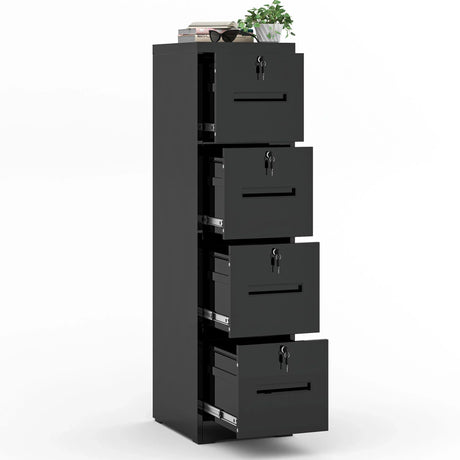 Modern 4 Drawer Metal Vertical Filing Cabinets With Lock For Home Office, Steel Construction, Letter / Legal / A4 / F4 Size - Brushed Nickel - Furniture Home Direct