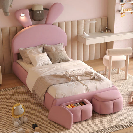 Upholstered Platform Bed With Cartoon Ears Shaped Headboard And LED Light - Furniture Home Direct