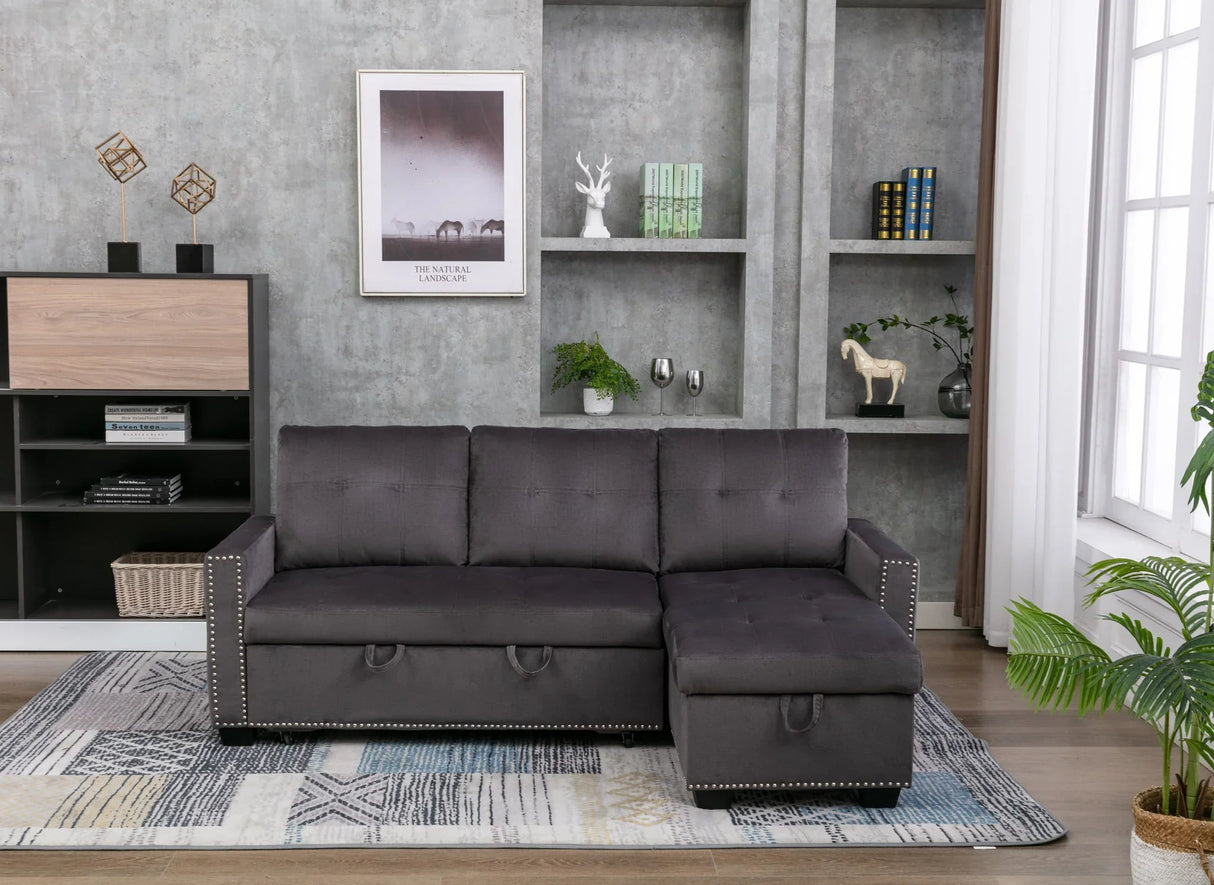 Reversible Sectional Storage Sleeper Sofa Bed, L-Shape 2 Seat Sectional Chaise With Storage, Skin-Feeling Velvet Fabric - Furniture Home Direct